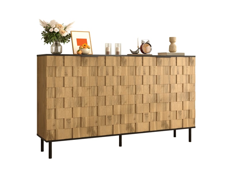  Buffet 2 portes avec étagère fixe - lpospi - pieds métal, panneau de particules naturel et noir, 160 × 35 × 80,5 cm  - Conforama A