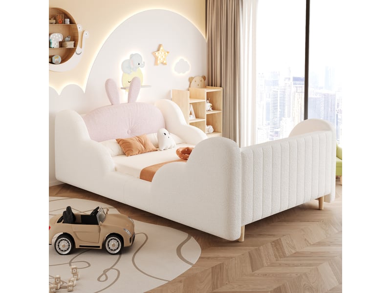  Lit enfant 90 × 200 cm 1 place avec barrières rembourrées et coussin lapin, sans matelas, blanc  - Conforama C