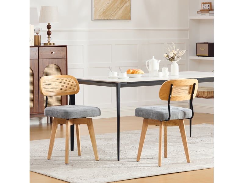  Chaise de salle à manger, lot de 2, pivotante à 360° avec dossier en rotin tressé et assise en chenille grise  - Conforama D