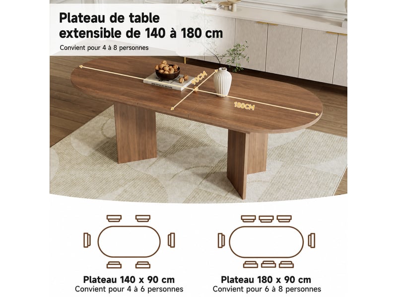  Table à manger extensible 140–180 x 90 x 75 cm, avec bords arrondis, plateau épais, pour 6 à 8 personnes, noyer  - Conforama E