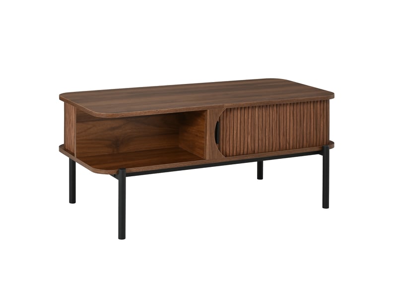  Table basse rectangulaire 100x45x43 cm, rangement avec portes coulissantes cannelées, plateau mdf, pieds métal noir, noyer OMNIGLINT TRADING LTD - Conforama A