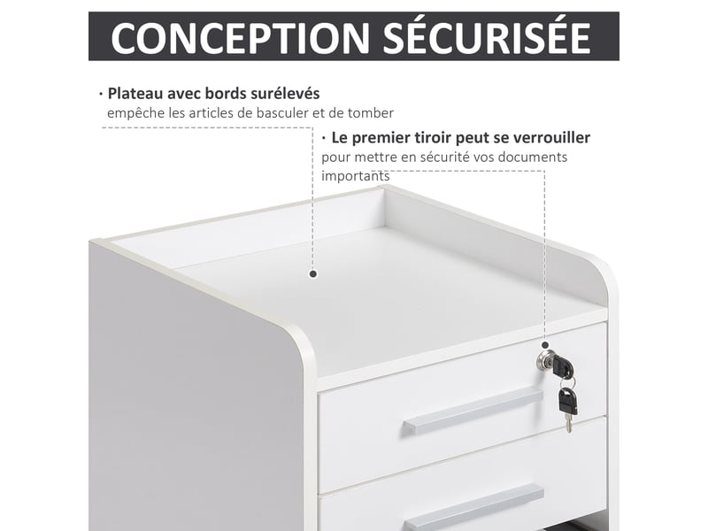  Caisson de bureau rangement bureau sur tiroirs 1 verrouillable 1 trieur dossiers en bois blanc roulettes 3  - Conforama E