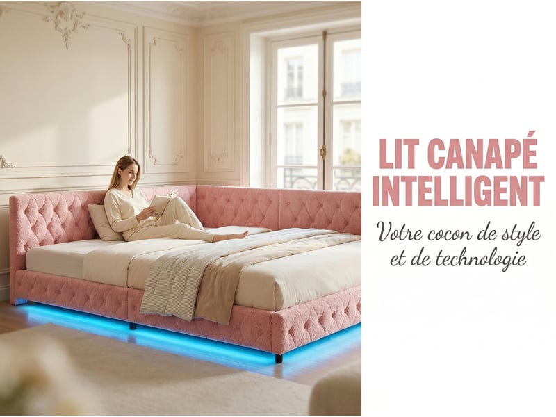 Lit coffre 140x200 cm led rgb sous-lit, lit capitonné avec usb, sommier à lattes - Conforama E