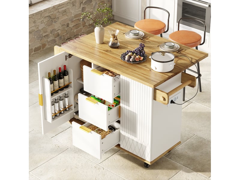 Desserte mobile 134x4674x88 cm avec 2 tabourets et prise électrique blanche - Conforama B
