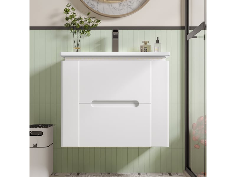  Meuble vasque mural salle de bain blanc 61 cm avec lavabo intégré, led radar et 2 tiroirs silencieux  - Conforama B