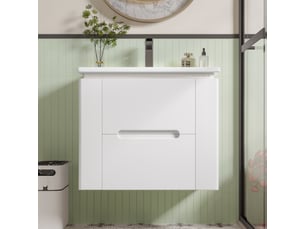 Meuble vasque mural salle de bain blanc 61 cm avec lavabo intégré, led radar et 2 tiroirs silencieux