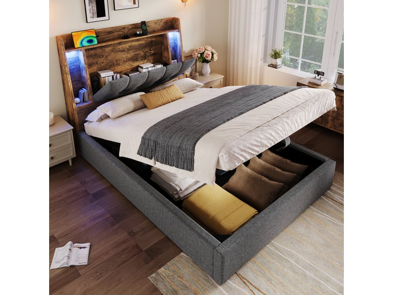  Lit capitonné, 90 x 200 cm, avec port de chargement usb type-c, sans matelas, compartiment de rangement rabattable, rangement multifonctionnel, éclairage led, commande par bouton-poussoirapplication, lin, gris  - Conforama B