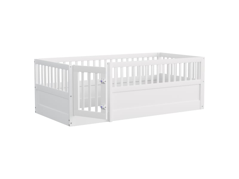  Lit enfant 1 place avec barrière et porte, lit bas 90 × 200 cm, sans matelas - en bois massif - blanc  - Conforama E