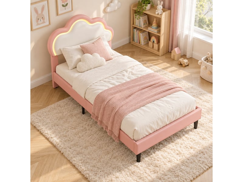  Lit simple 90 x 200 cm, lit enfant avec led, nuage en simili cuir, rose et blanc  - Conforama D