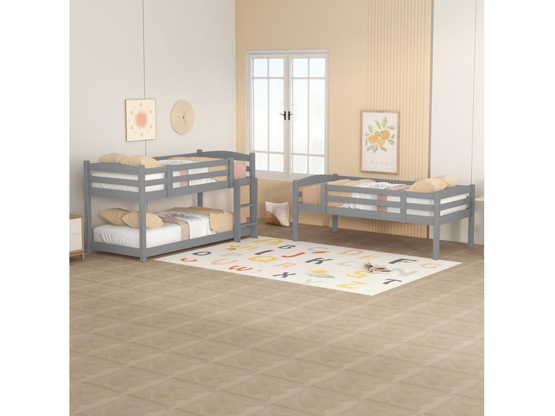Lit superposé triple enfant 90 x 200 cm en pin et mdf avec échelles, gris - Conforama E