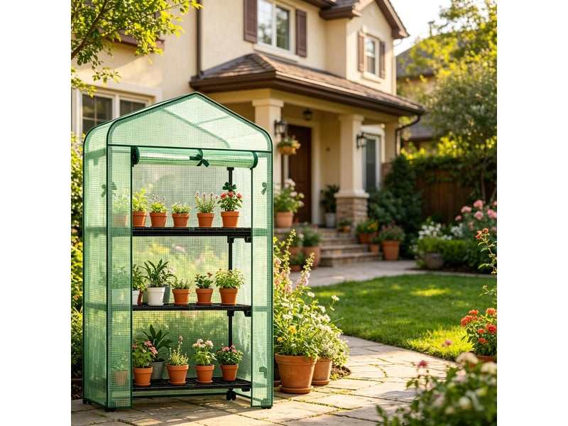  Petite serre de jardin sur roulettes, serre tunnel en polyéthylène, extérieure, compacte  - Conforama D