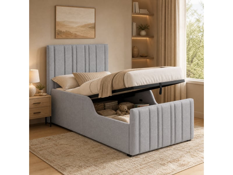  Lit coffre enfant simple 90×200 cm rangement hydraulique et tête rembourrée  - sans matelas, lin gris  - Conforama C