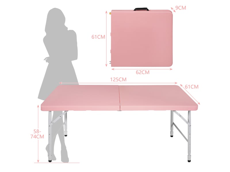  Table pliante réglable avec poignée, pour camping et pique-nique, structure en acier, rose, 125 × 61 × 58–74 cm  - Conforama E