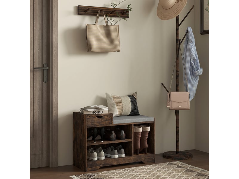  Meuble et banc à chaussures, 1 tiroir et 3 compartiments, capacité 5 paires, mdf, 76,5 x 30 x 52 cm, marron  - Conforama C