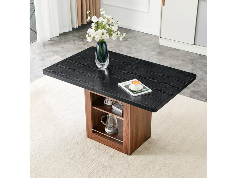  Table de salle à manger extensible, table extensible, table repas, 130-160 cm, rangement intégré, mdf noir, noyer  - Conforama B