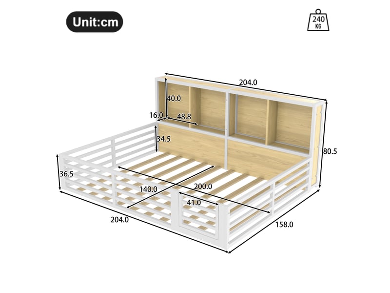  Lit adulte 140 × 200 cm 2 places avec barrière, rangements latéraux et éclairage led, sans matelas, blanc  - Conforama D