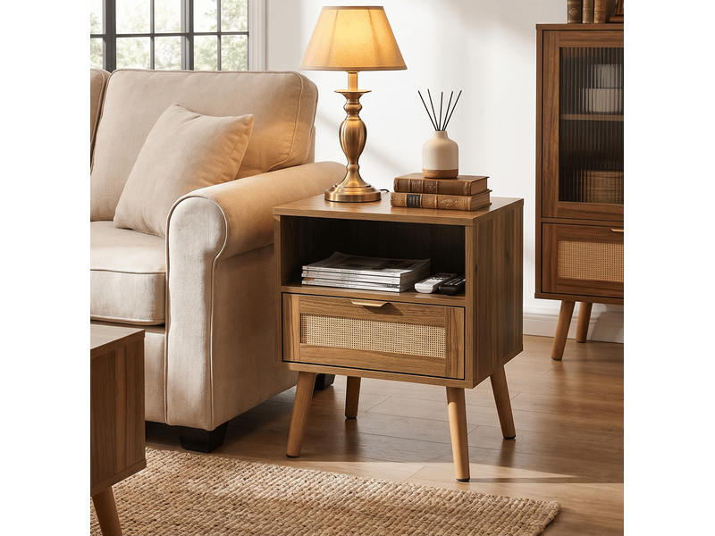  Table de chevet en mdf et rotin, 1 tiroir et niche ouverte, 45 x 40 x 55 cm, noyer  - Conforama C