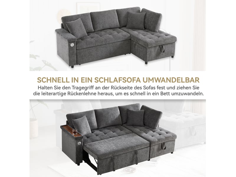  Canapé d'angle droit convertible 209x130 cm – gris foncé – rangement, usb, porte-gobelet et 2 coussins  - Conforama E