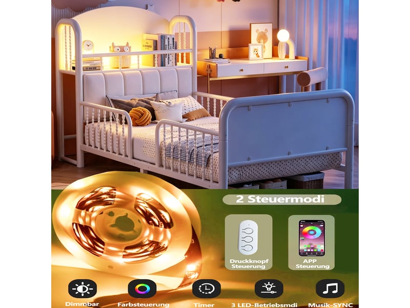  Lit simple 90x200 cm - lit enfant avec barrière de sécurité - tête de lit rembourrée avec rangement et led - blanc  - Conforama D