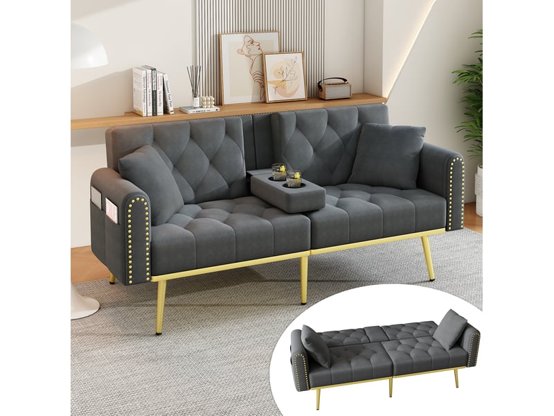  Canapé-lit 2 places 175x80x73,5 cm, accoudoirs et porte-gobelets, dossier réglable, finition velours gris  - Conforama D
