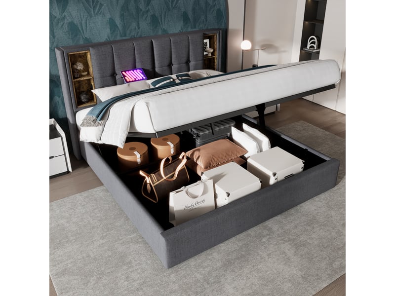 Lit double coffre 180x200 cm-recharge sans fil-usb type-c-tête de lit 4 niches-sommier à lattes en bois-tissu coton-gris(sans matelas). - Conforama B