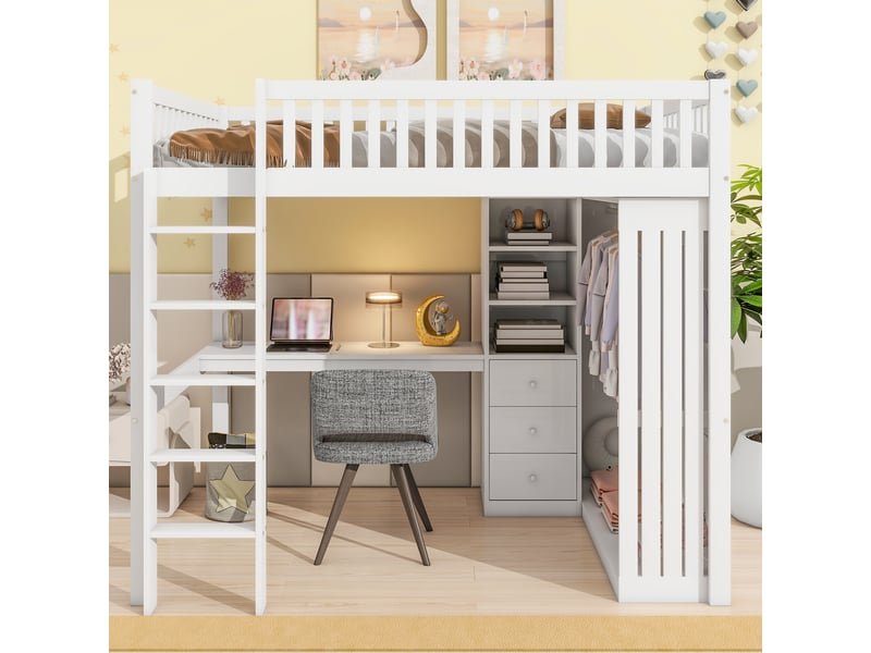 Lit mezzanine blanc 140x200 cm, bureau, armoire, 3 tiroirs et rangements intégrés - Conforama B