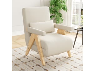 Fauteuil convertible 3-en-1 87x64x60cm – avec dossier réglable 6 positions et coussin lombaire – pieds en chêne - tissu de lin - beige