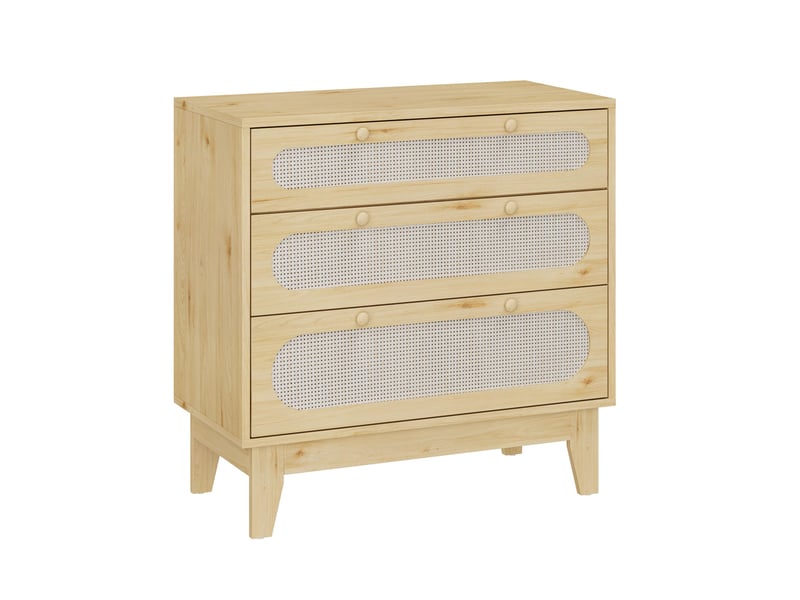 Commode 3 tiroirs en rotin et bois naturel, lot de 2 – grand capacité, poignées métal, finition étanche, sécurité anti-basculement VAM_33SLJHSM - Conforama E