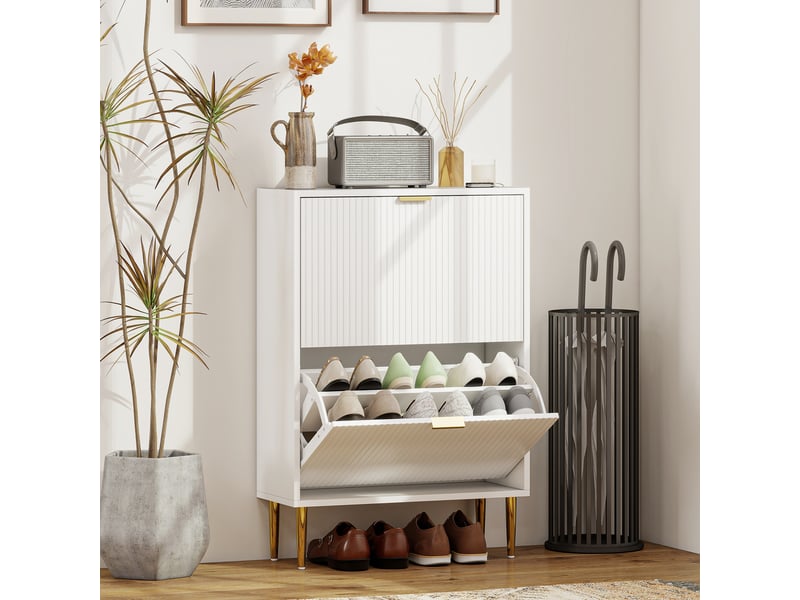  Étagère à chaussures étroite pour 12 paires de chaussures, avec 2 tiroirs à rabat et étagères réglables, 60 x 24 x 91,5 cm, blanche  - Conforama B