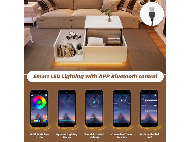  Table basse led 100x50x40 cm – haute brillance, hauteur réglable, rangement caché et étagère  - Conforama E