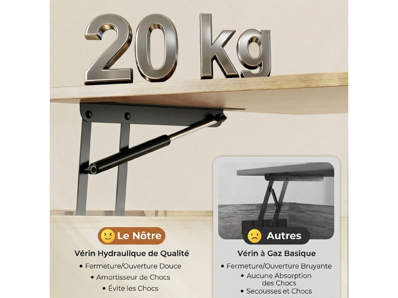  Table basse relevable avec double plateau, bois naturel, table de salon avec compartiment caché et pieds en métal  - Conforama R