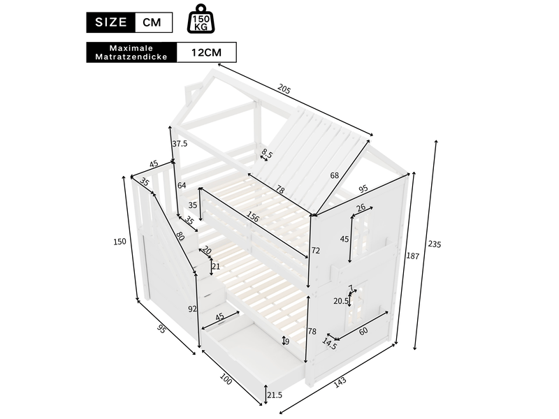  Lit superposé enfant 90x200 multifonction blanc avec escalier de rangement et tiroirs  - Conforama C