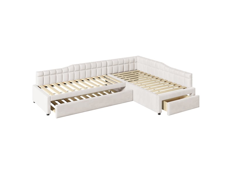  Lit d'enfant 90 x 200, avec lit gigogne, tiroirs et revêtement en velours doux, beige  - Conforama E