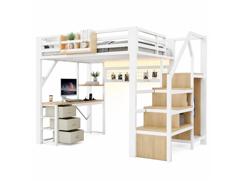  Lit mezzanine 2 places 200 × 140 cm, 3 tiroirs, bureau, rangements et led, sans matelas, métal blanc  - Conforama A