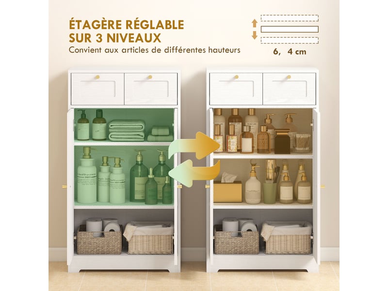  Meuble de salle de bain meuble de rangement avec 2 tiroirs double porte arquée étagères réglables blanc 60x30x108cm  - Conforama E
