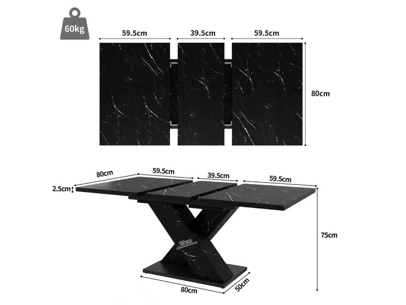 Table à manger extensible, 119-158,5x80x75 cm, effet marbre, design moderne, repas, salle à manger, mdf, coloris noir - Conforama C