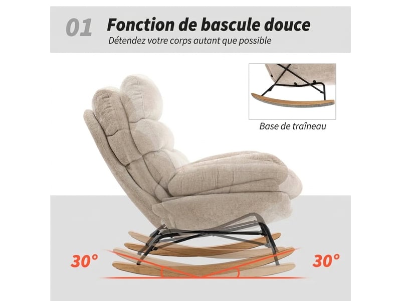  Fauteuil à bascule rembourré blanc crème avec pieds en acier et bois 80x103x91 cm  - Conforama D