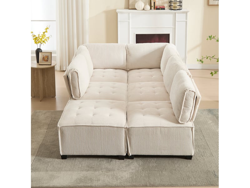  Canapé d'angle 6 pl 308x154x82cm, assise en mousse, revêtement velours, accoudoir, convertible avec poches de rangement, beige  - Conforama E