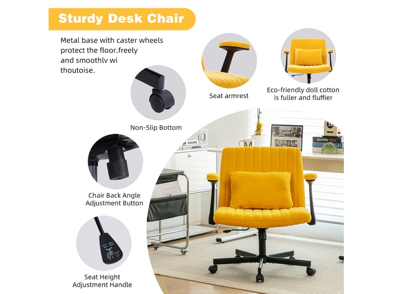  Chaise de bureau en velours jaune, réglable en hauteur, accoudoirs pliables et roulettes silencieuses  - Conforama E
