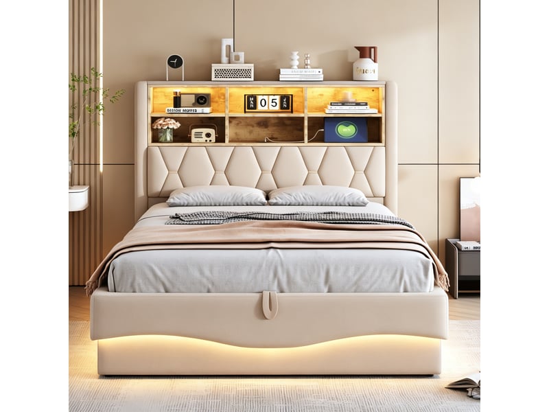  Lit capitonné 140×200 cm, coffre relevable hydraulique, bandeau led contrôlable, port usb, métal et lin beige  - Conforama C