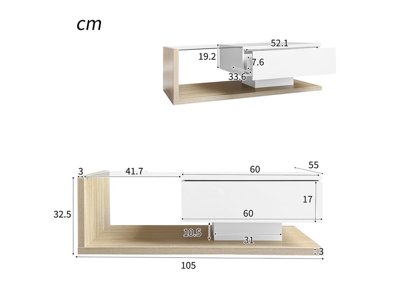  Table basse 105x55x32,5 cm avec led, panneau de particules, blanc et couleur bois  - Conforama C