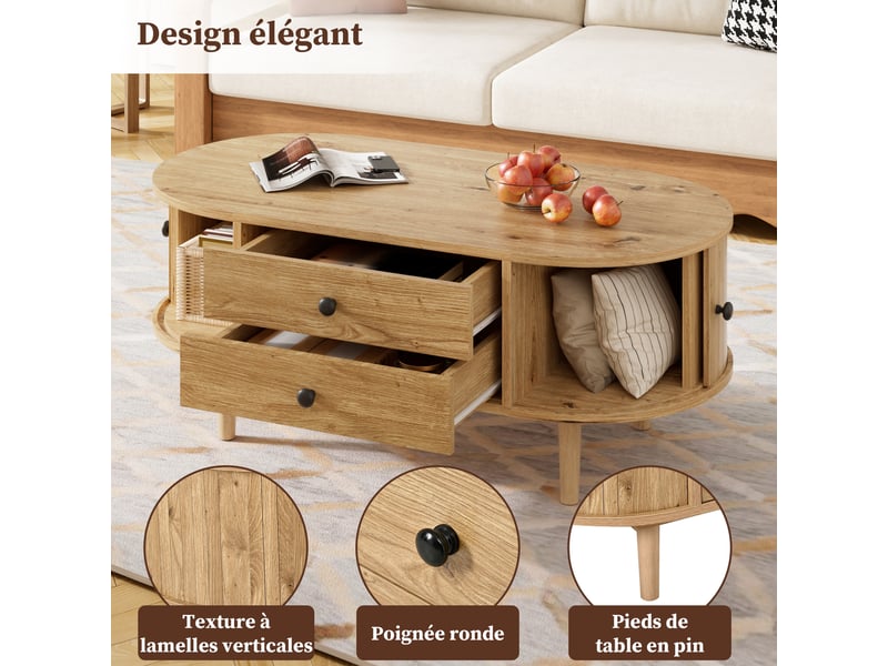  Table basse ovale avec portes coulissantes, 2 tiroirs, 100 x 50 x 40 cm, couleur chêne  - Conforama E