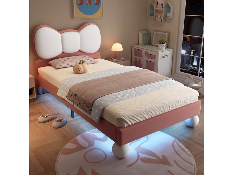  Lit enfant une place beige et rose 90 x 200 cm avec tête de lit nœud et led  - Conforama B