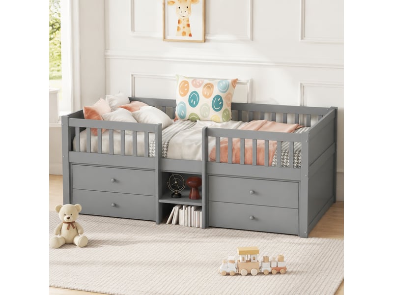 Lit enfant 90x200cm, sommier, rangement, 4 tiroirs, lit simple, barrière de sécurité, bois gris, sans matelas - Conforama B