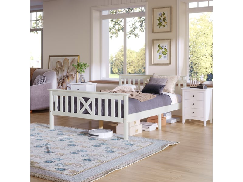  Lit double 200×140 cm avec tête de lit en x et sommier à lattes, sans matelas, en pin massif et mdf blanc  - Conforama C