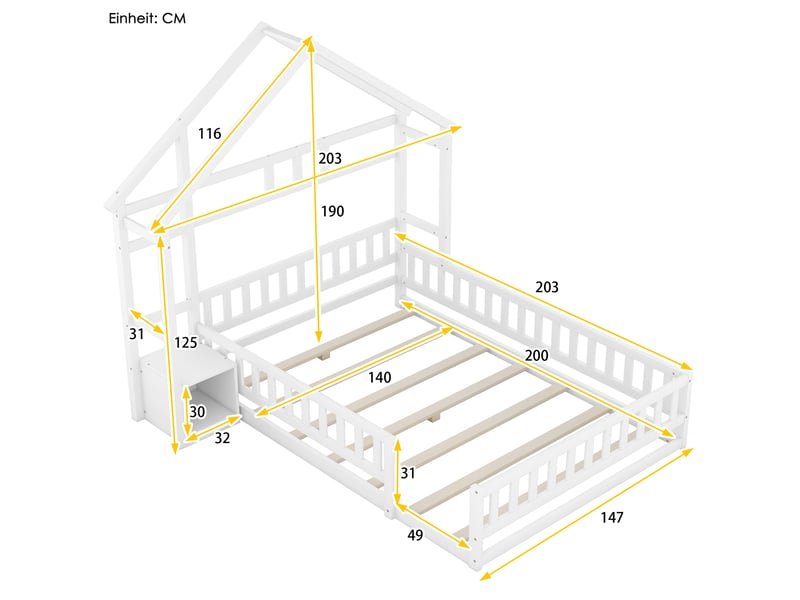  Lit cabane enfant 140x200 en bois massif, lit au sol avec barrière, lit enfant avec table de chevet, design blanc élégant.  - Conforama C