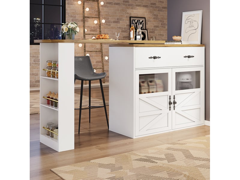  Table bar extensible pivotante 360° avec rangement 138-204 x 39 x 104 cm blanche  - Conforama E