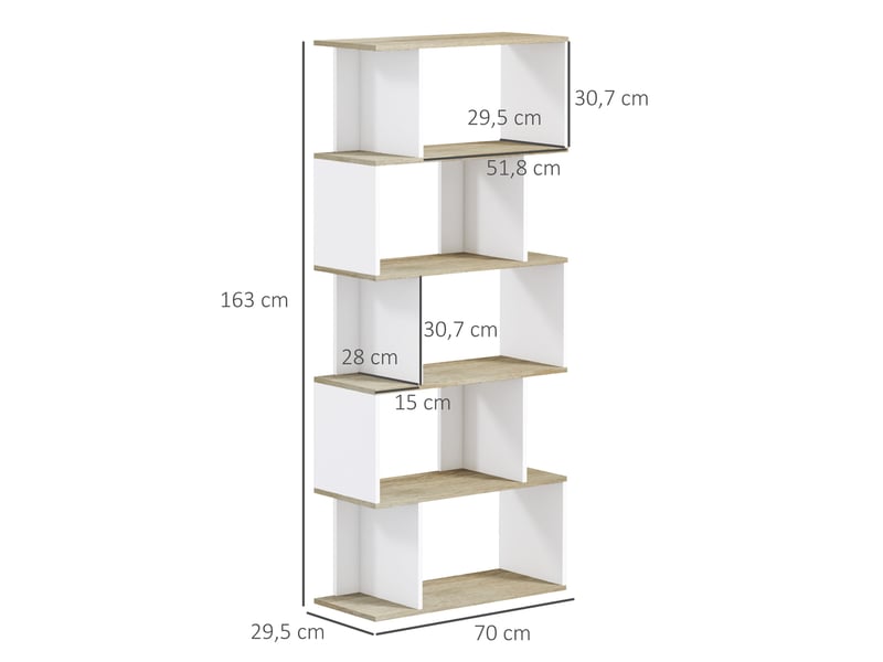  Bibliothèque style scandinave meuble de rangement 5 étagères anti-basculement charge 25 kg aspect bois &amp; blanc  - Conforama E