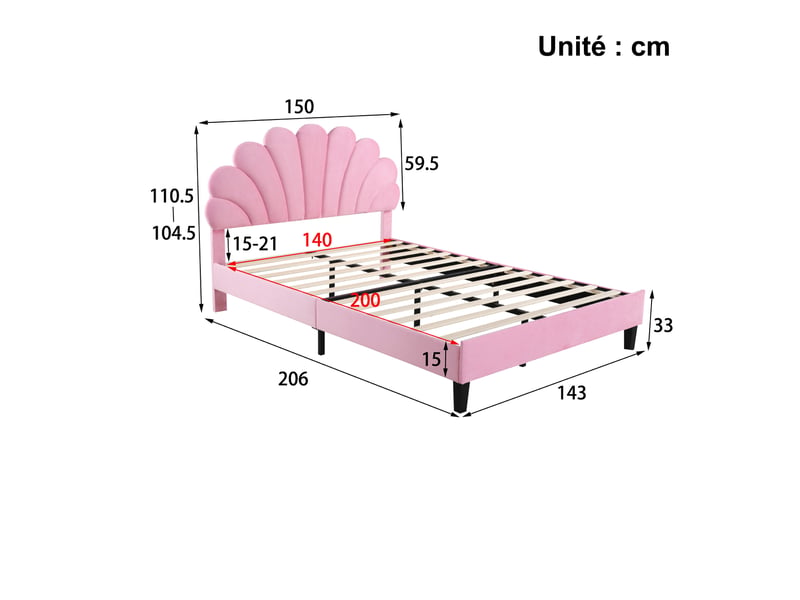  Lit capitonné 140x200 cm - lit double adulte et enfant avec tête de lit fleurie, sommier à lattes, velours rose, sans matelas  - Conforama C
