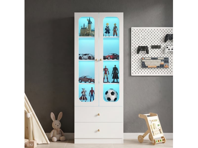 Vitrine avec 2 portes vitrées, 2 tiroirs et led rgb contrôlée par application, en mdf et verre blanc, 60 × 35 × 170 cm - Conforama E